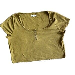Madewell Womens Ribbed Henley Crop Tee Size XL Mustard Yellow Snap Button Casual